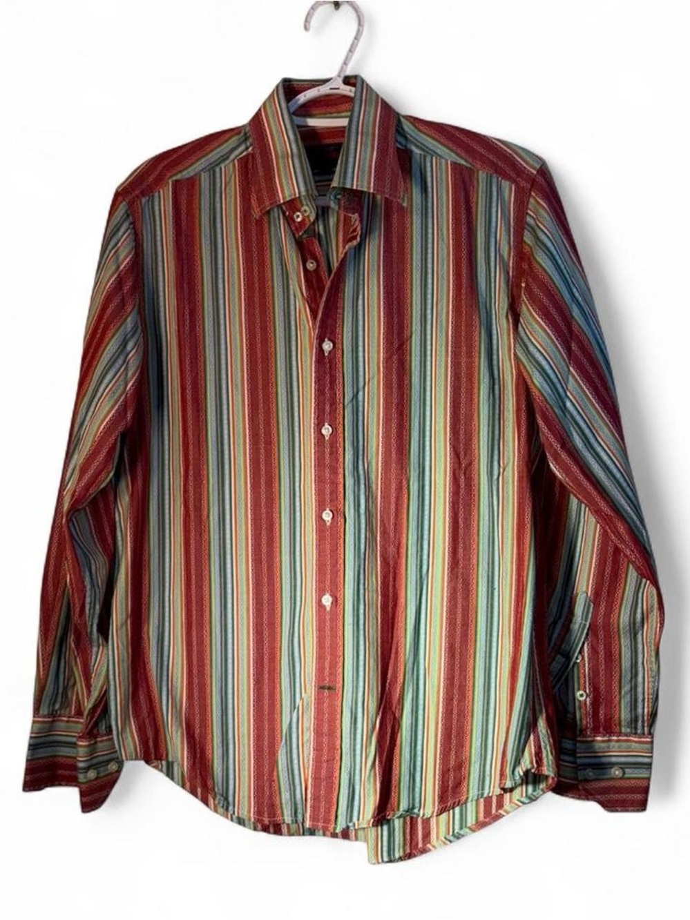Dragonfly westernMen's Multicolor Vertical Stripe Button-Down Shirt — Red & Teal